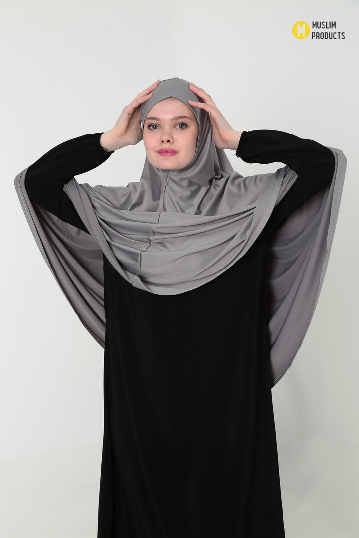 Khimar met Ribbelstof lichtgrijs – Heuplengte Jazz